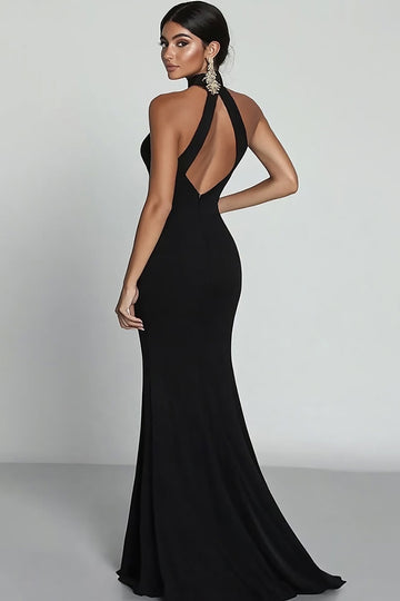 Robe formelle noire sirène en satin à col halter dos nu
